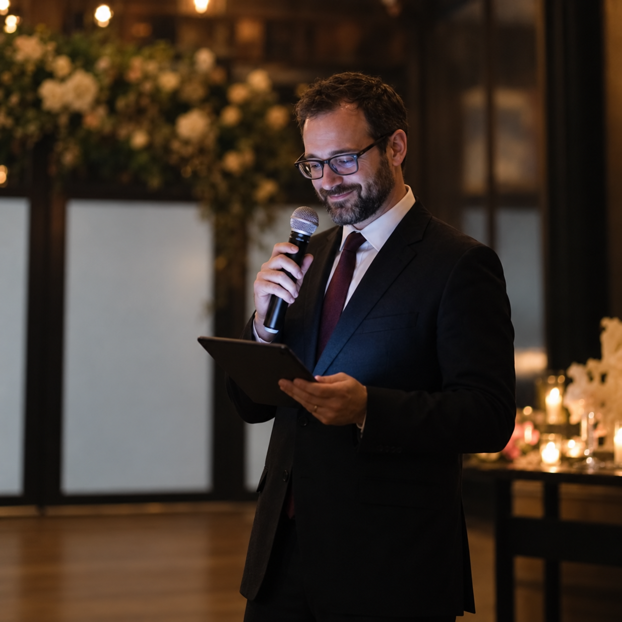Profissional com microfone e tablet conduzindo os anúncios do casamento.