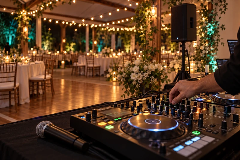 Preparação da controladora, microfone e caixas de som em um espaço de casamento