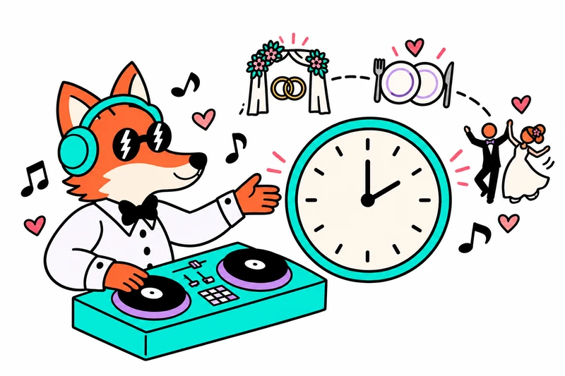 Raposa DJ ao lado de um relógio e símbolos de cerimônia, jantar e festa