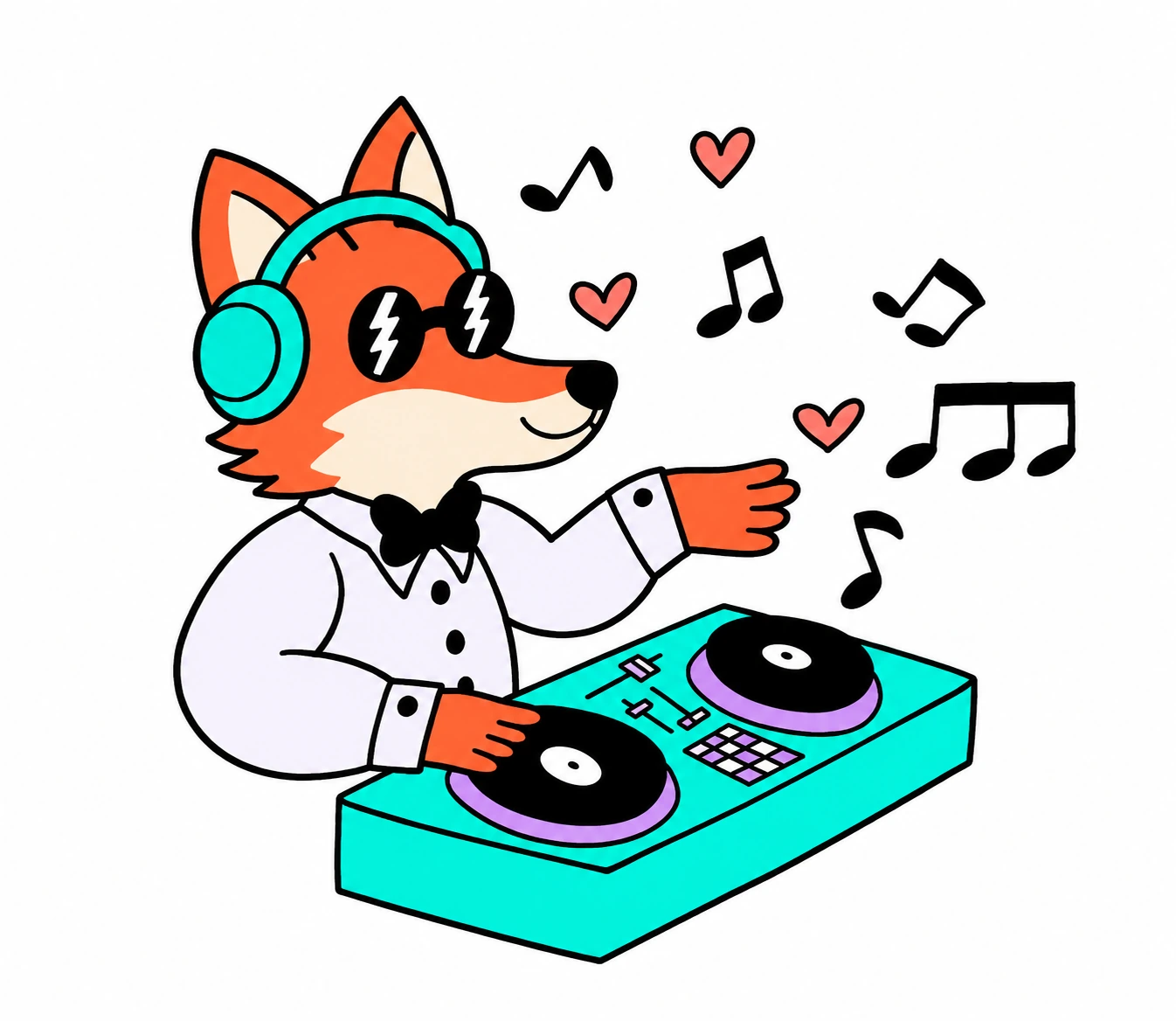 Mascote da DJ para Casamentos Alternativos tocando em uma mesa de DJ